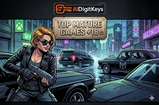 Best 18 plus games 2026 PS5 Xbox featuring GTA style female character with guns mature rating badge and gaming highlights AIDigitalKeys banner