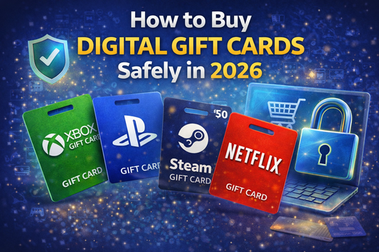 How to buy digital gift cards safely online in 2026, showing Xbox, PlayStation, Steam, and Netflix gift cards