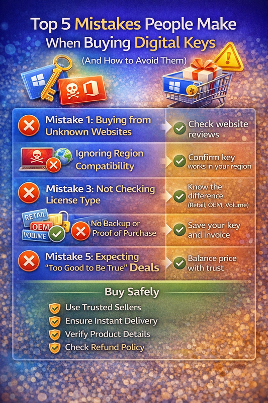 common mistakes buying digital keys infographic windows office activation tips safe vs risky purchase
