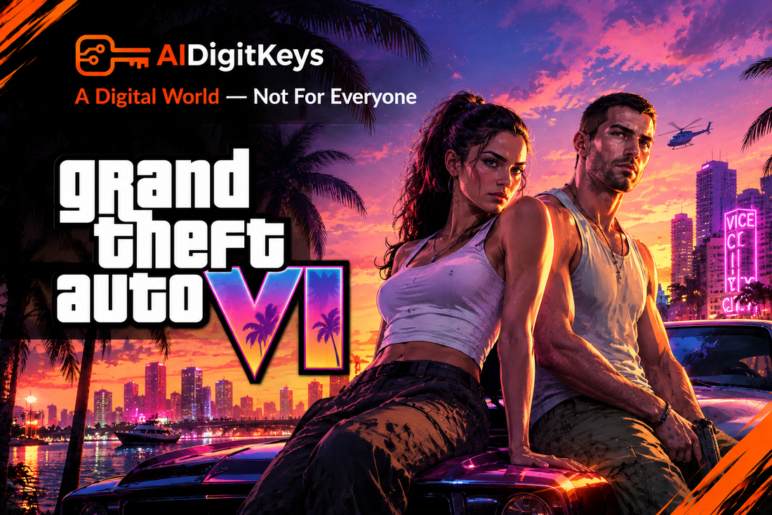 GTA 6 radio stations reveal featuring Lucia and Jason overlooking a neon-lit Vice City sunset, with AIDigitKeys branding.
