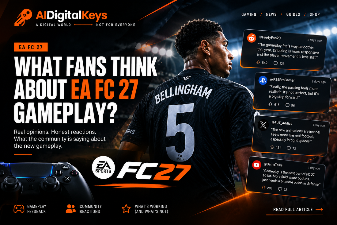 EA FC 27 gameplay fan reactions guide showing manual defending, reduced AI assistance, passing changes, attacking movement, dribbling, player complaints and positive gameplay impressions.