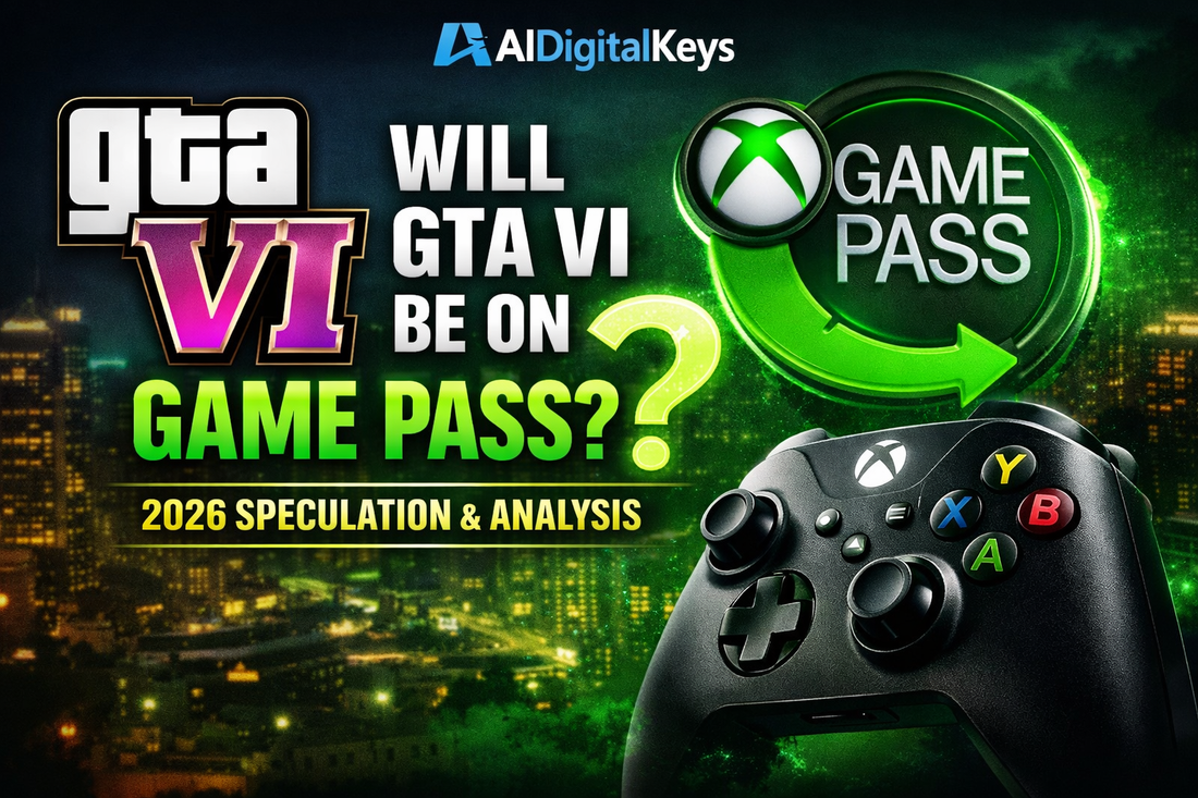 GTA VI Game Pass speculation graphic showing Xbox controller and Game Pass logo with 2026 release question.