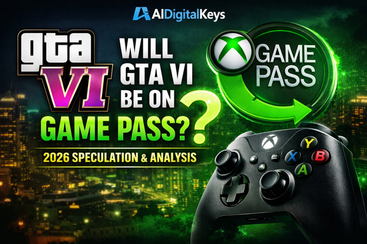 GTA VI Game Pass speculation graphic showing Xbox controller and Game Pass logo with 2026 release question.