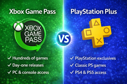 Xbox Game Pass vs PlayStation Plus comparison showing features, game libraries, and console compatibility