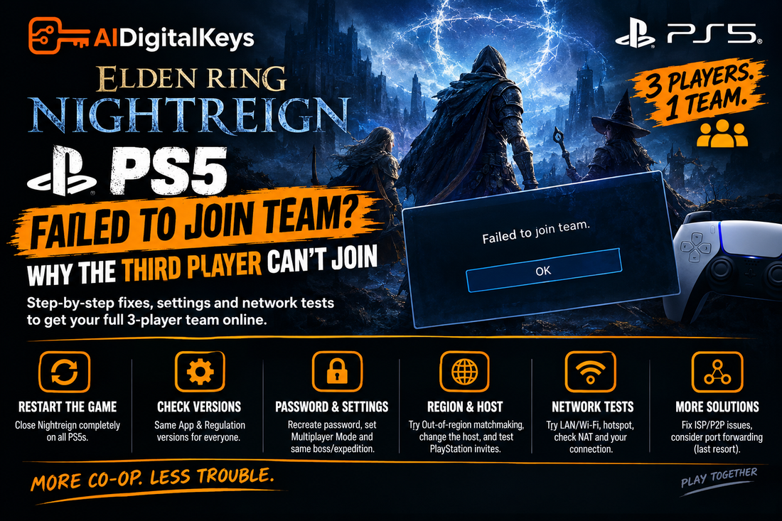 Elden Ring Nightreign PS5 troubleshooting guide showing the ‘Failed to Join Team’ error, three-player co-op problem, multiplayer password, Out-of-region matchmaking, host testing, NAT and network fixes.
