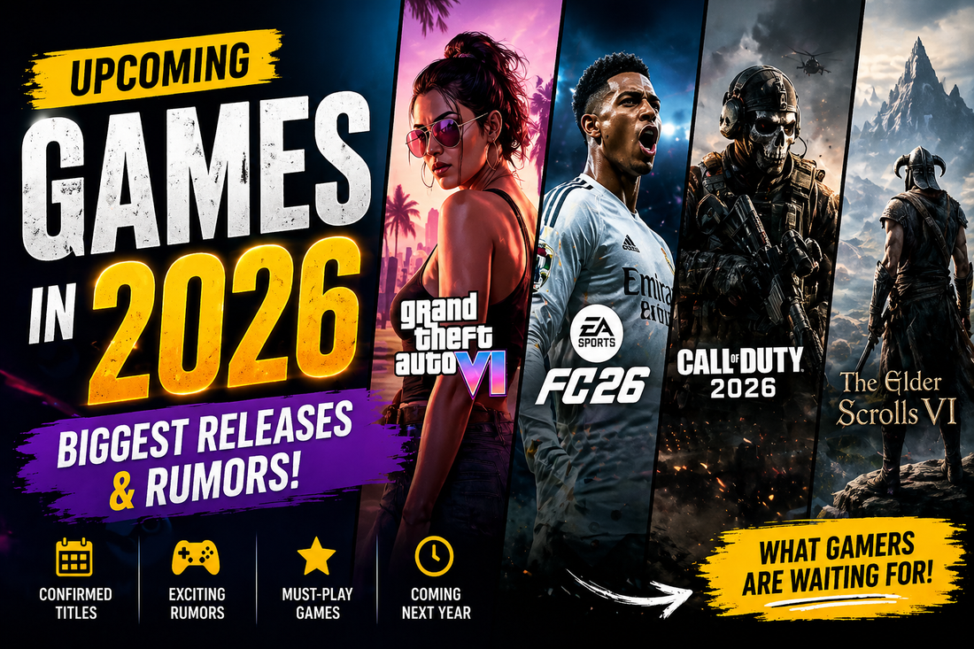 Upcoming games 2026 list showing GTA 6, FC 26, Call of Duty 2026 and Elder Scrolls VI biggest new video game releases and rumors