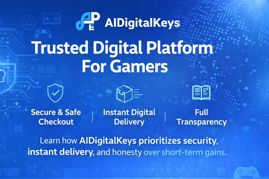 AIDigitalKeys trusted digital platform for gamers offering secure checkout, instant game key delivery, and transparent service in a modern blue technology design.