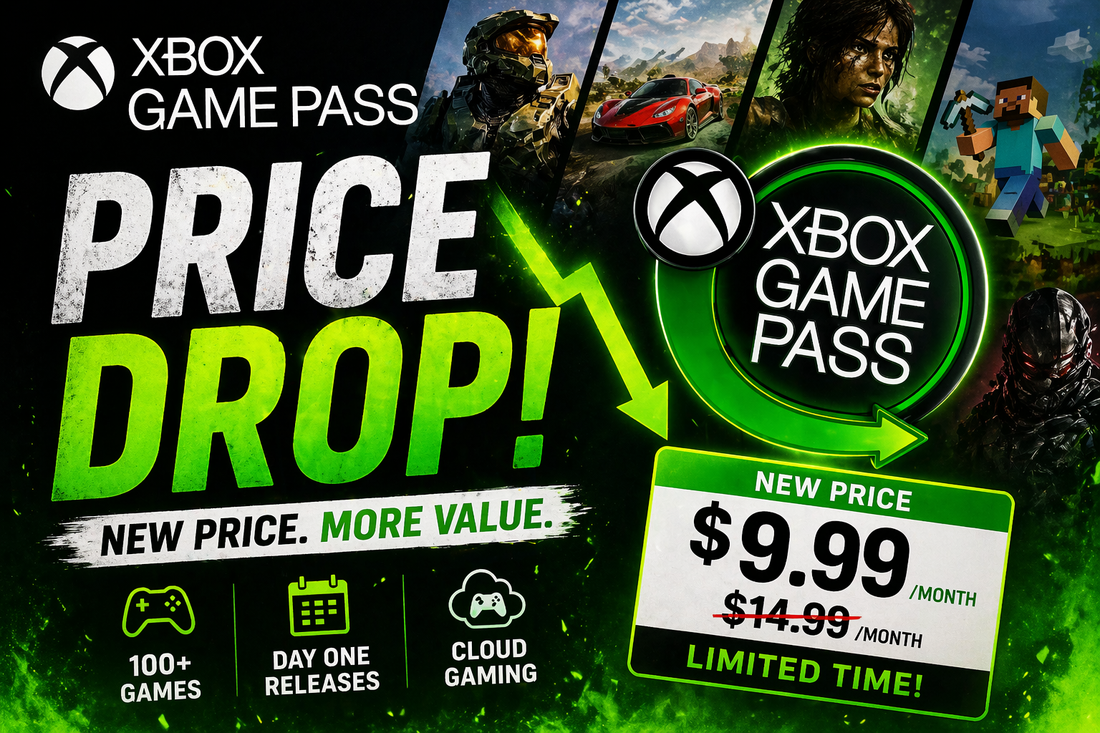 Xbox Game Pass price drop promotional image showing new $9.99 monthly cost with green gaming design and featured game visual
