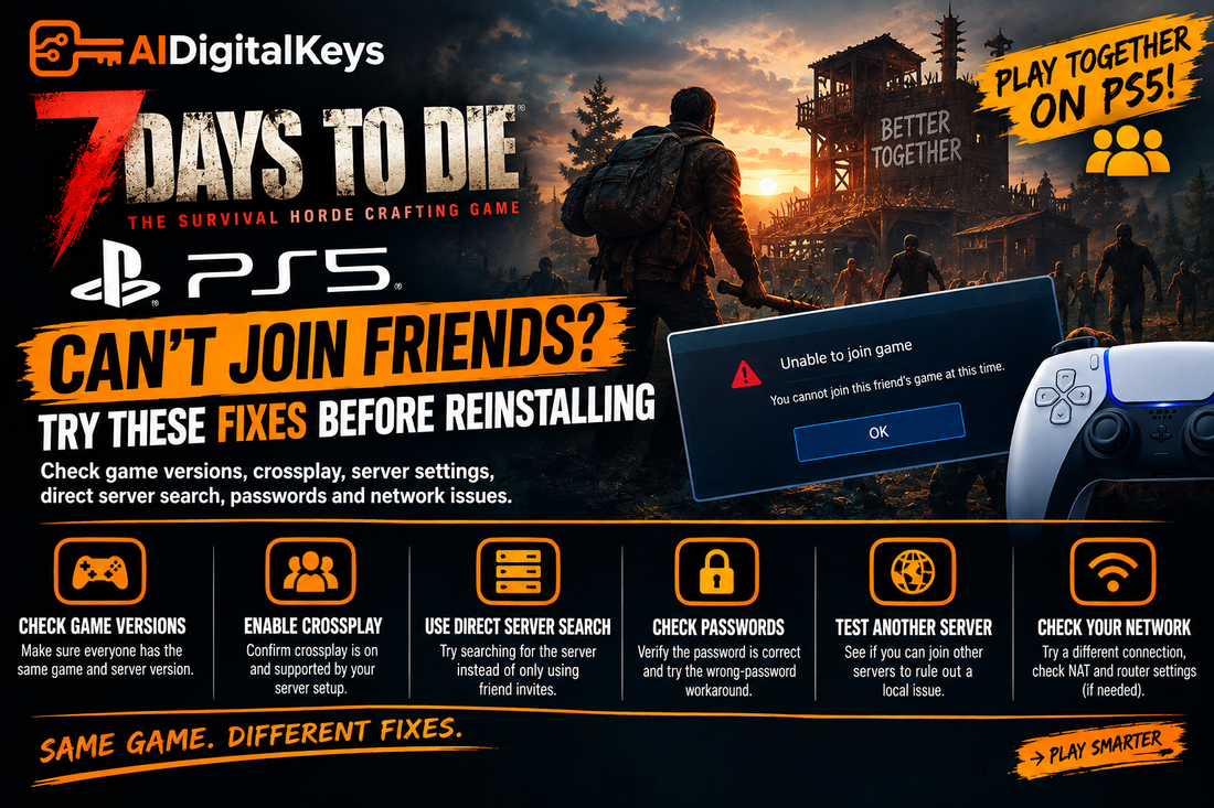 7 Days to Die PS5 troubleshooting guide showing the ‘Unable to join game’ error, friend-joining problems, game version checks, crossplay, direct server search, password troubleshooting, alternate server testing, and network fixes.