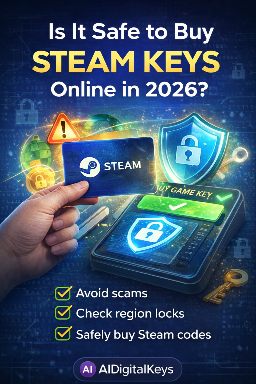 Is buying Steam keys online safe in 2026 image with Steam card, secure payment shield, anti-scam warning icons, and digital game key safety guide