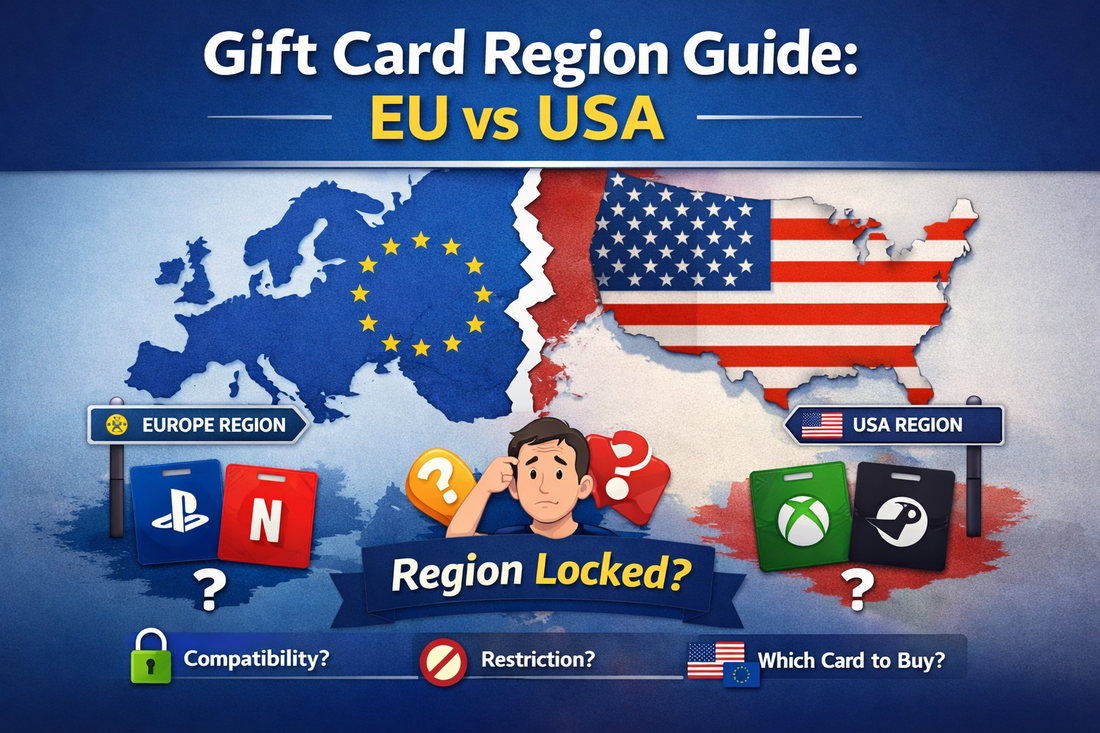 EU vs USA digital gift cards including Netflix, Xbox, PlayStation, and Steam, showing regional differences and a guide for redeeming codes.