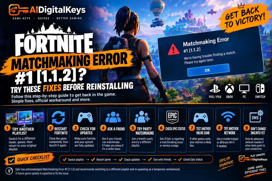  Fortnite Matchmaking Error #1 [1.1.2] troubleshooting guide showing a Fortnite lobby, matchmaking error, playlist switching workaround, party matchmaking, service status and network troubleshooting