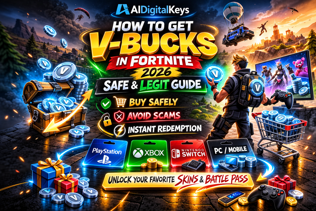 Vibrant and original Fortnite-themed digital banner showing V-Bucks coins, controllers for Xbox, PlayStation, and Nintendo 
