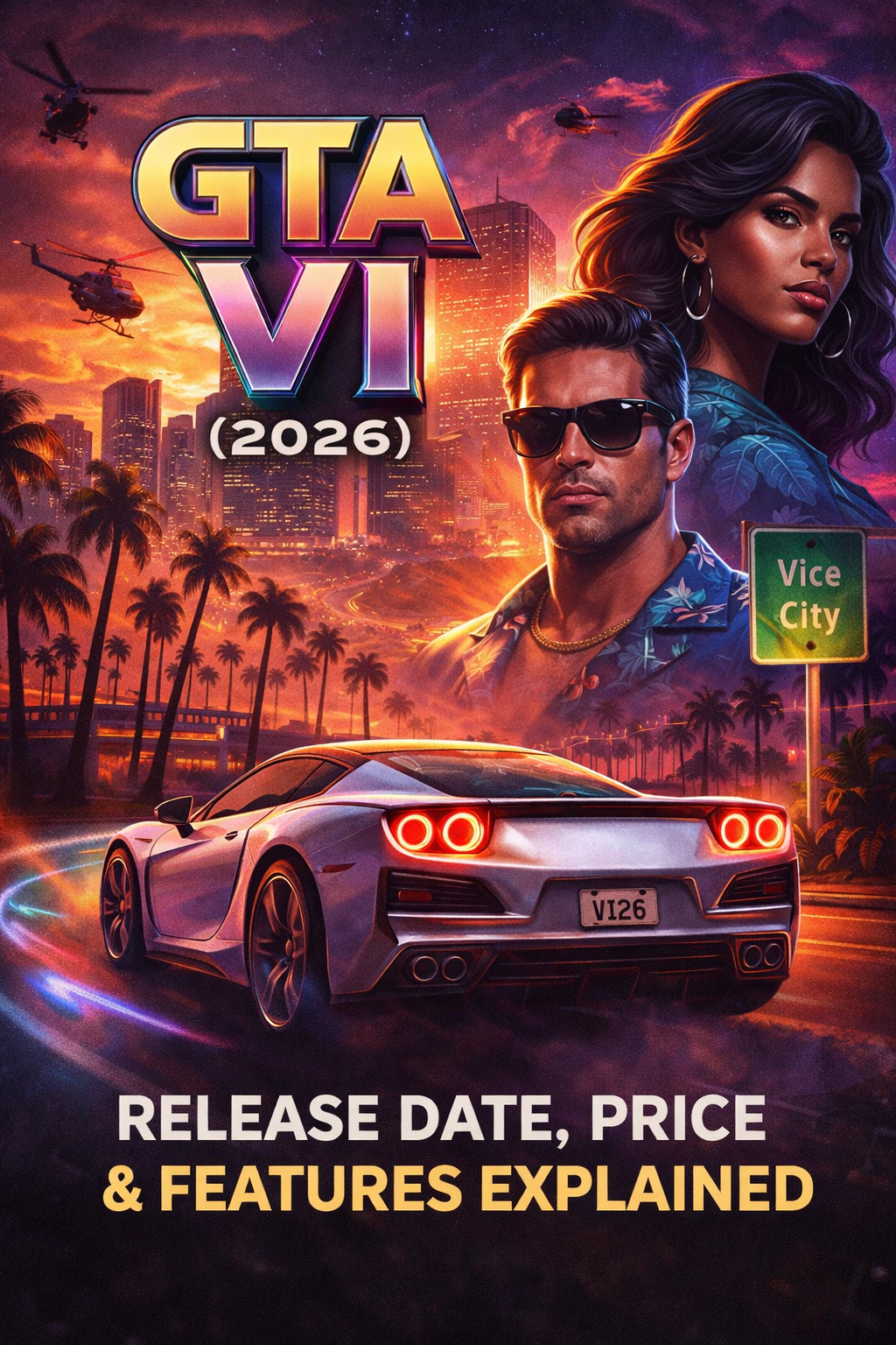 GTA VI cinematic artwork with neon city lights and bold ‘GTA VI is coming’ text, representing the upcoming Grand Theft Auto 6 release