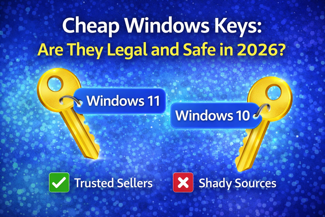 cheap windows keys legality and safety 2026 infographic comparing Windows 11 and Windows 10 with trusted sellers vs risky sources