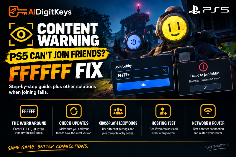 Content Warning PS5 multiplayer troubleshooting guide showing the FFFFFF lobby-code workaround, unable to join friends issue, crossplay, lobby codes, hosting tests and network fixes.