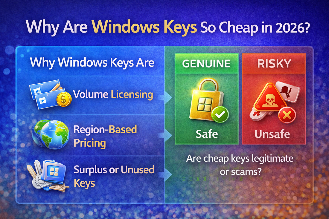 why are windows keys so cheap 2026 explanation genuine vs risky windows activation keys infographic
