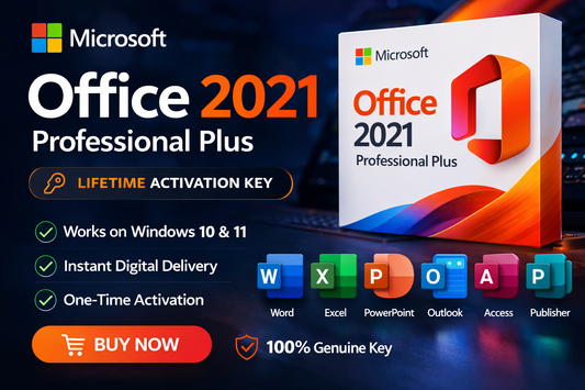 Microsoft Office 2021 Professional Plus activation key with lifetime license for Windows 10 and Windows 11 – instant digital delivery product image.
