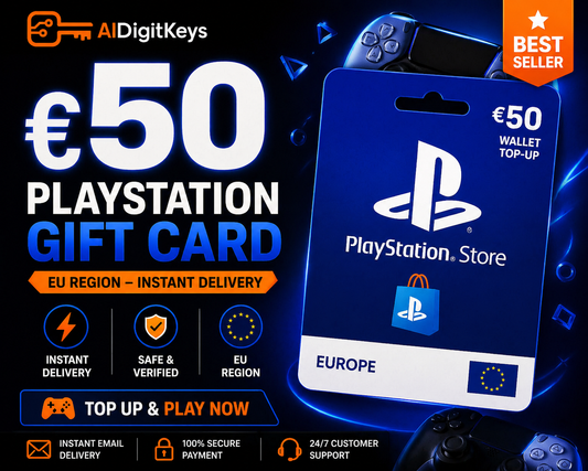 Buy PlayStation gift card 50 euro EU PSN code instant delivery AIDigitalKeys safe and secure PlayStation Store top up