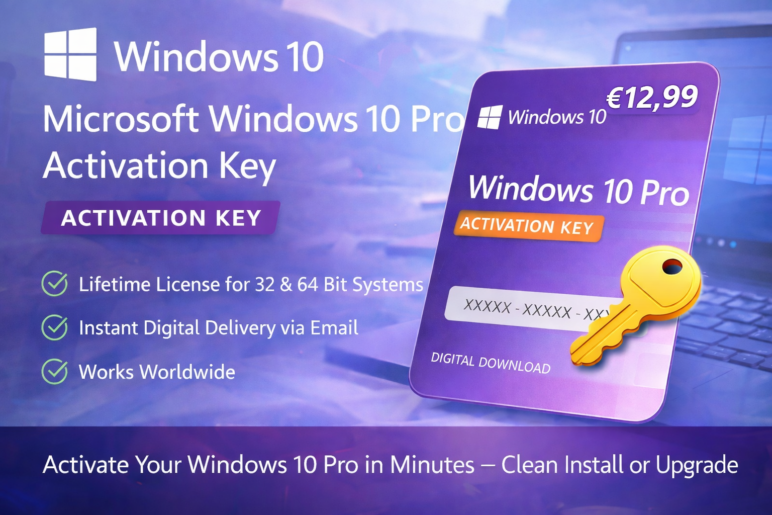 Microsoft Windows 10 Pro activation key lifetime license instant digital delivery for 32 and 64 bit systems price 12.99